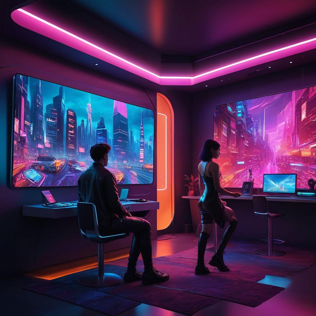 A captivating digital landscape showcasing a blend of virtual reality and intimate connections, featuring diverse characters interacting in a vibrant, futuristic setting. Incorporate elements like glowing screens and abstract shapes representing digital intimacy trends. Highlight diversity in relationships and emotions to reflect modern online adult entertainment. Enrich the scene with a surreal, dreamlike quality. cyberpunk. vibrant colors. 3D.